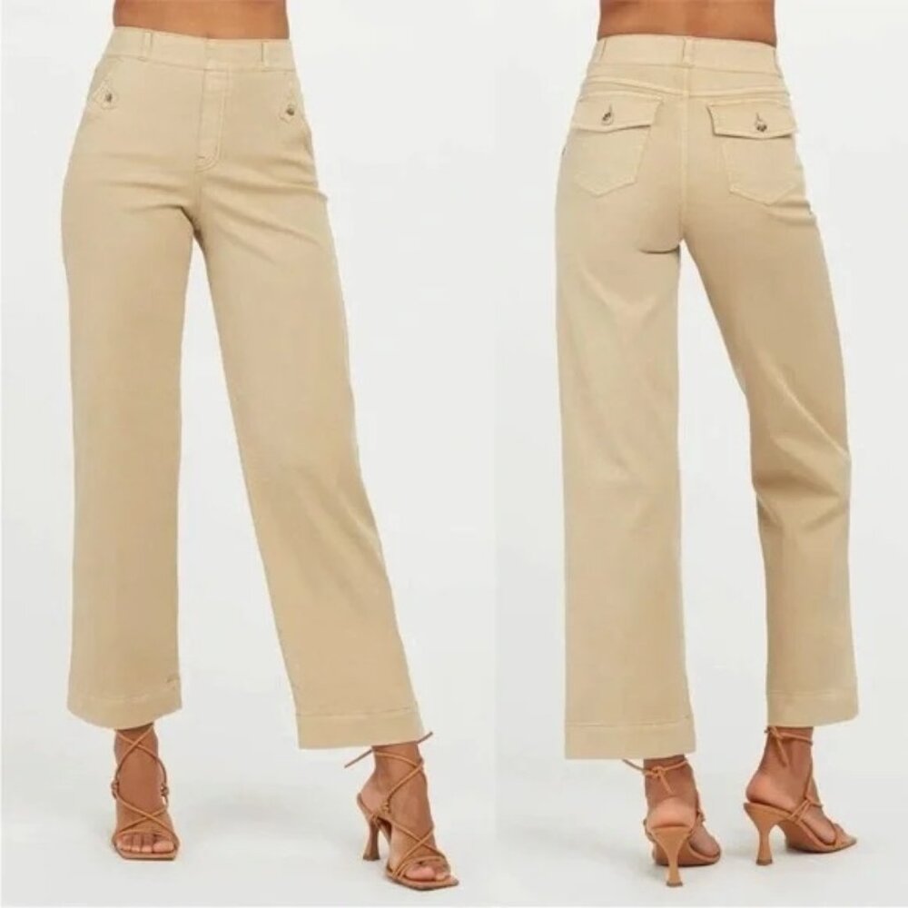 Spanx Stretch Twill Wide Leg Crop Pants in Khaki Tan, size S